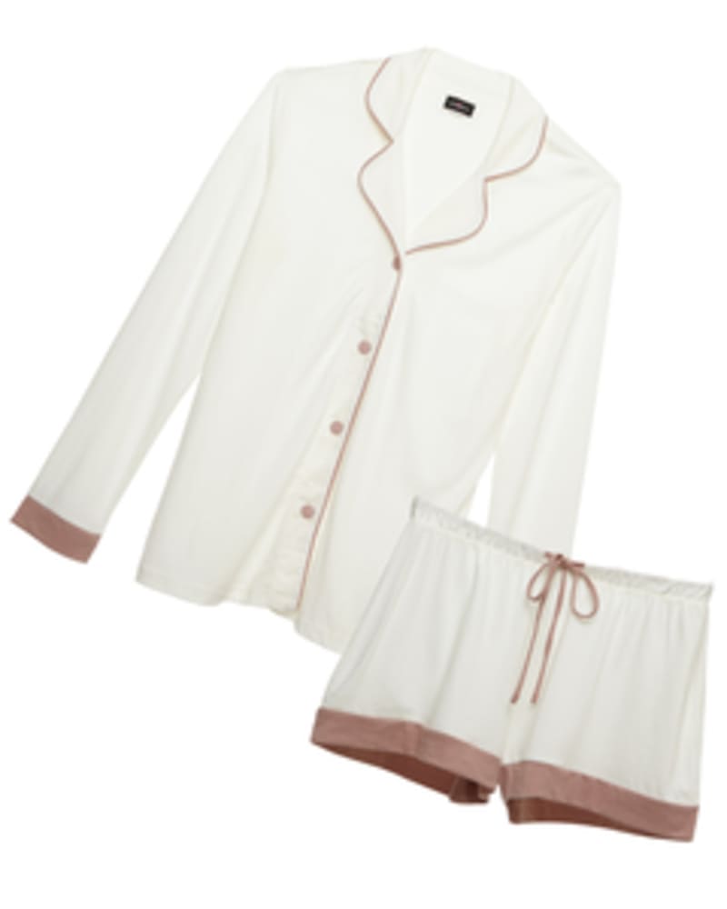 Front of a size M Long-Sleeve Top and Shorts Sleep Set in Moon Ivory / Mandorla by Cosabella. | dia_product_style_image_id:253628